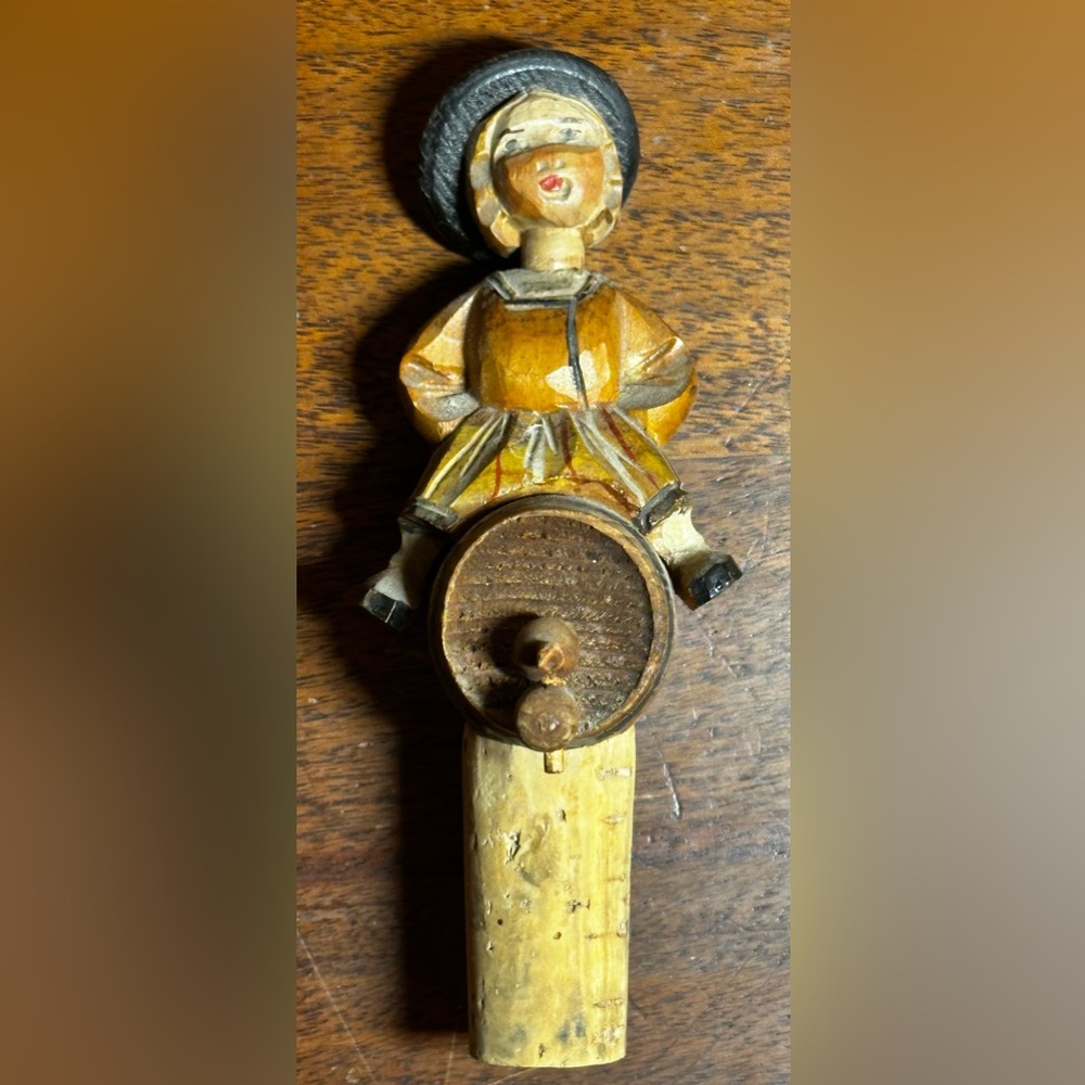 Vintage Hand Carved Wood Bobble Head Bottle Stopper Wine Cork Girl on Barrel
